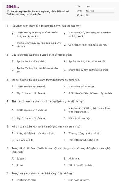 20 câu trắc nghiệm Trả bài văn tả phong cảnh (Bài viết số 2) Chân trời sáng tạo có đáp án