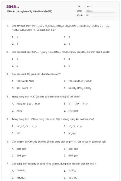 100 câu trắc nghiệm Sự điện li cơ bản(P2)