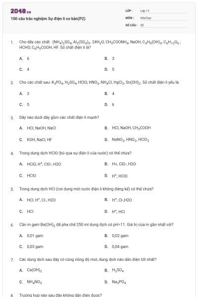 100 câu trắc nghiệm Sự điện li cơ bản(P2)