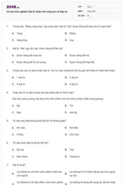 20 câu trắc nghiệm Đại từ Chân trời sáng tạo có đáp án