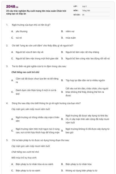 20 câu trắc nghiệm Nụ cười mang tên mùa xuân Chân trời sáng tạo có đáp án