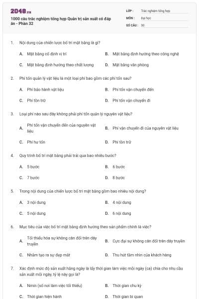 1000 câu trắc nghiệm tổng hợp Quản trị sản xuất có đáp án - Phần 32