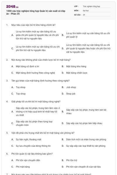 1000 câu trắc nghiệm tổng hợp Quản trị sản xuất có đáp án - Phần 35