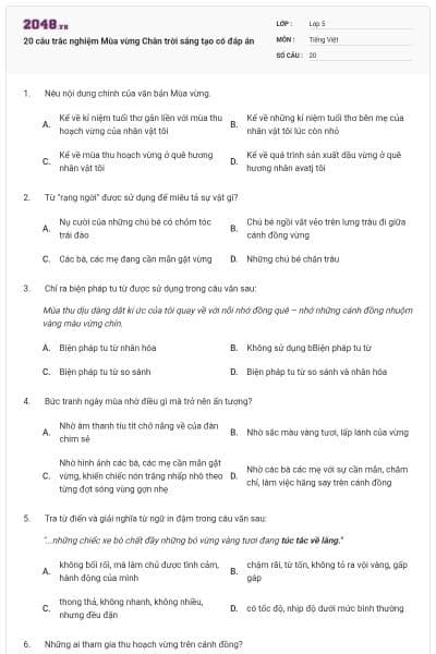 20 câu trắc nghiệm Mùa vừng Chân trời sáng tạo có đáp án