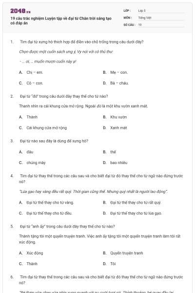 19 câu trắc nghiệm Luyện tập về đại từ Chân trời sáng tạo có đáp án