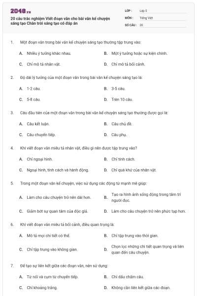 20 câu trắc nghiệm Viết đoạn văn cho bài văn kể chuyện sáng tạo Chân trời sáng tạo có đáp án