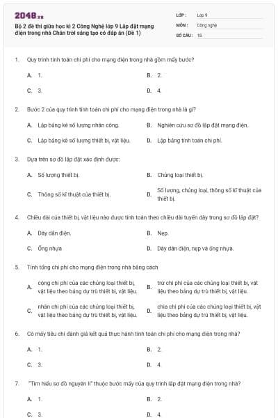 Bộ 2 đề thi giữa học kì 2 Công Nghệ lớp 9 Lắp đặt mạng điện trong nhà Chân trời sáng tạo có đáp án (Đề 1)