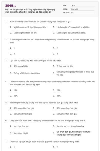 Bộ 2 đề thi giữa học kì 2 Công Nghệ lớp 9 Lắp đặt mạng điện trong nhà Chân trời sáng tạo có đáp án (Đề 2)