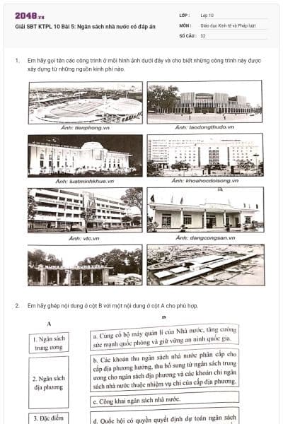 Giải SBT KTPL 10 Bài 5: Ngân sách nhà nước có đáp án