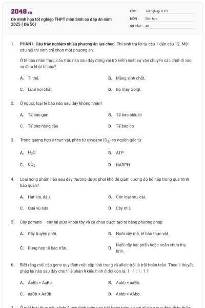 Đề minh họa tốt nghiệp THPT môn Sinh có đáp án năm 2025 ( Đề 50)