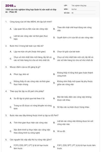 1000 câu trắc nghiệm tổng hợp Quản trị sản xuất có đáp án - Phần 40