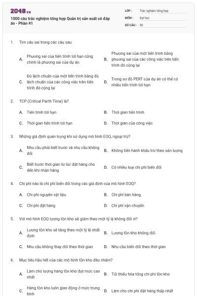 1000 câu trắc nghiệm tổng hợp Quản trị sản xuất có đáp án - Phần 41