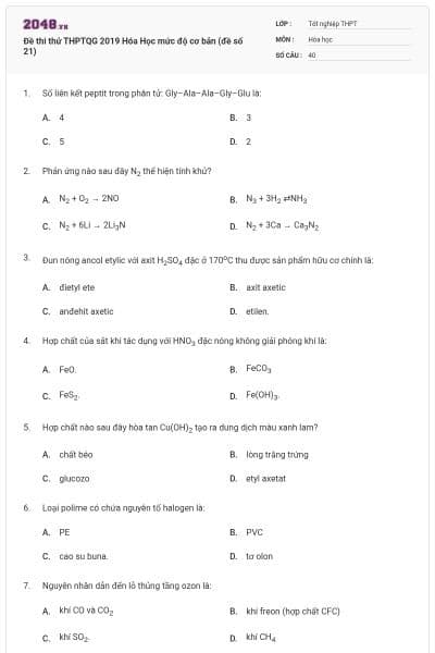 Đề thi thử THPTQG 2019 Hóa Học mức độ cơ bản (đề số 21)