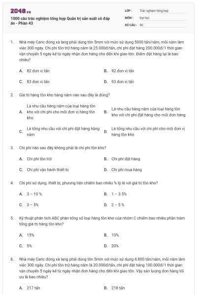 1000 câu trắc nghiệm tổng hợp Quản trị sản xuất có đáp án - Phần 43