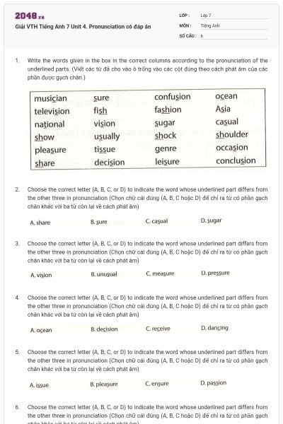 Giải VTH Tiếng Anh 7 Unit 4. Pronunciation có đáp án