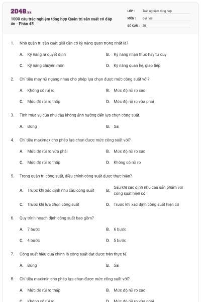 1000 câu trắc nghiệm tổng hợp Quản trị sản xuất có đáp án - Phần 45