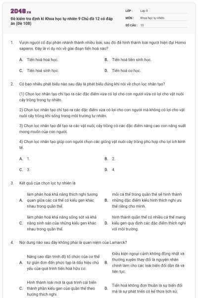 Đề kiểm tra định kì Khoa học tự nhiên 9 Chủ đề 12 có đáp án (Đề 108)