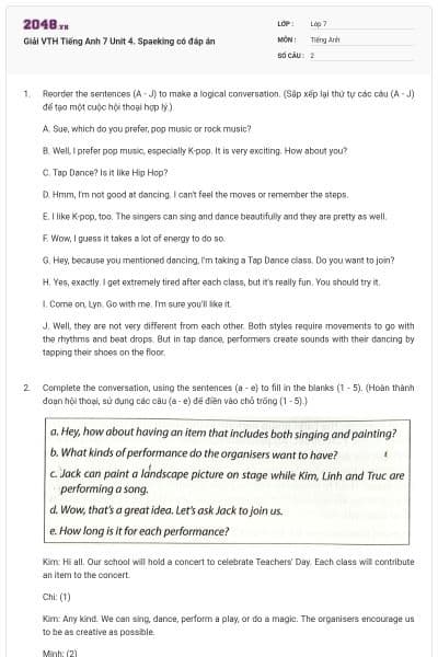 Giải VTH Tiếng Anh 7 Unit 4. Spaeking có đáp án