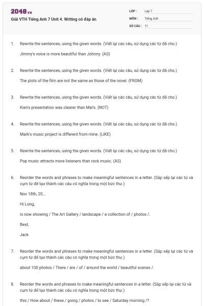 Giải VTH Tiếng Anh 7 Unit 4. Writing có đáp án