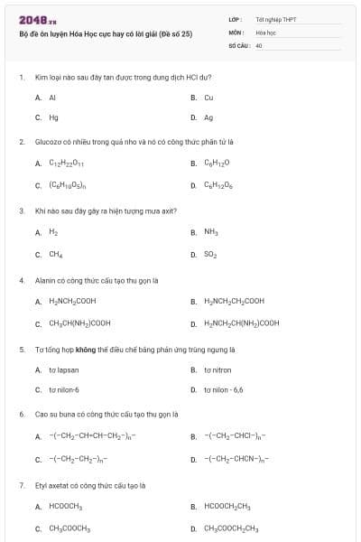 Bộ đề ôn luyện Hóa Học cực hay có lời giải (Đề số 25)