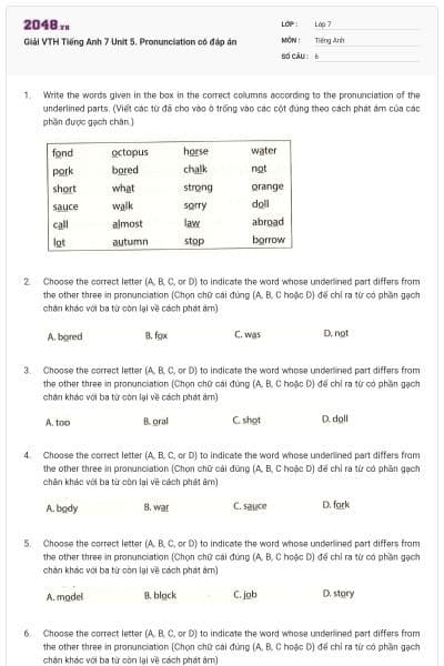Giải VTH Tiếng Anh 7 Unit 5. Pronunciation có đáp án