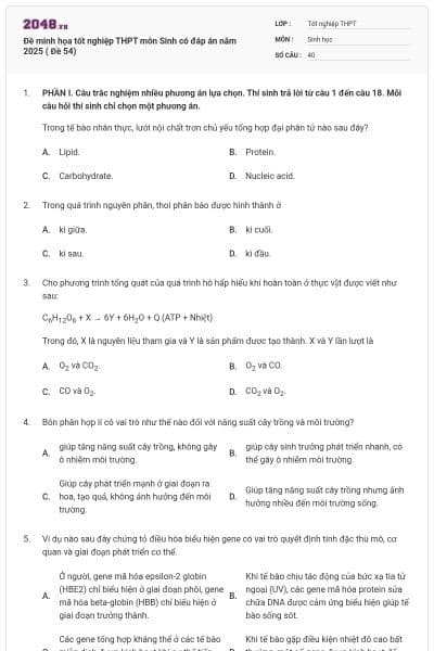 Đề minh họa tốt nghiệp THPT môn Sinh có đáp án năm 2025 ( Đề 54)