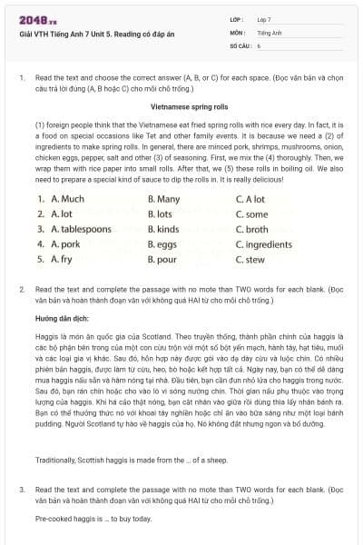 Giải VTH Tiếng Anh 7 Unit 5. Reading có đáp án