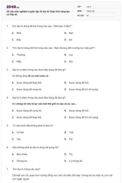 20 câu trắc nghiệm Luyện tập về đại từ Chân trời sáng tạo có đáp án