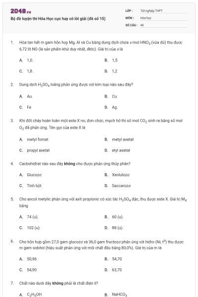 Bộ đề luyện thi Hóa Học cực hay có lời giải (đề số 15)