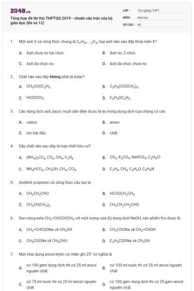 Tổng hợp đề thi thử THPTQG 2019 - chuẩn cấu trúc của bộ giáo dục (Đề số 12)