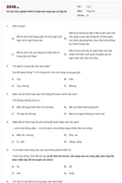 20 câu trắc nghiệm Kết từ Chân trời sáng tạo có đáp án