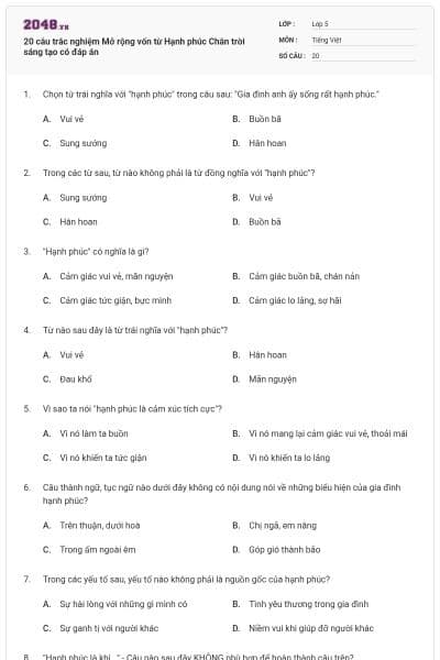 20 câu trắc nghiệm Mở rộng vốn từ Hạnh phúc Chân trời sáng tạo có đáp án