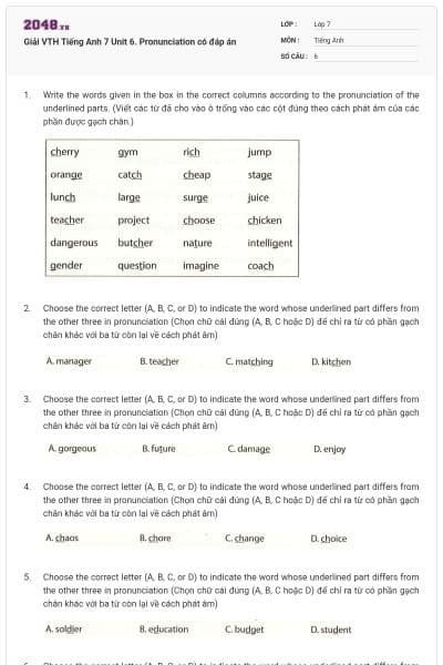 Giải VTH Tiếng Anh 7 Unit 6. Pronunciation có đáp án