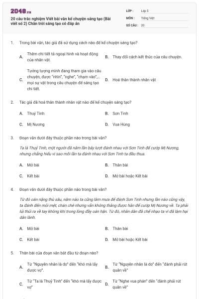 20 câu trắc nghiệm Viết bài văn kể chuyện sáng tạo (Bài viết số 2) Chân trời sáng tạo có đáp án