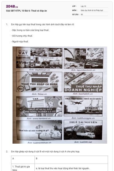 Giải SBT KTPL 10 Bài 6: Thuế có đáp án