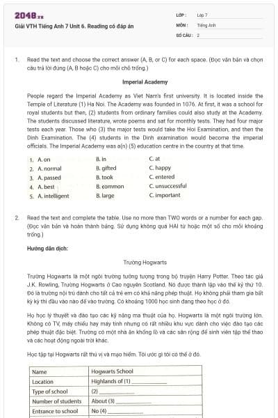 Giải VTH Tiếng Anh 7 Unit 6. Reading có đáp án