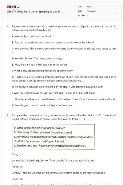 Giải VTH Tiếng Anh 7 Unit 6. Speaking có đáp án