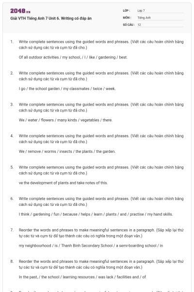 Giải VTH Tiếng Anh 7 Unit 6. Writing có đáp án