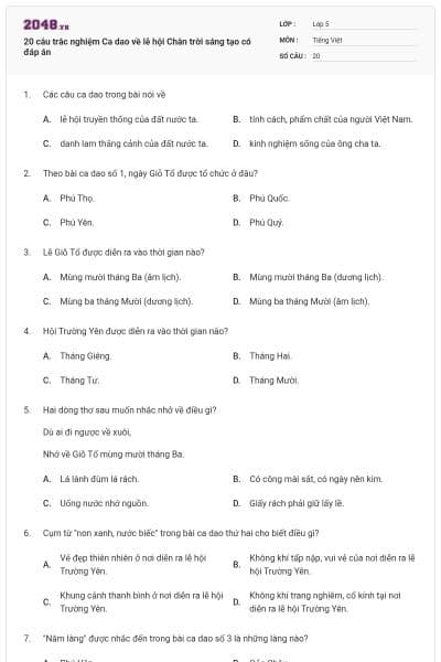 20 câu trắc nghiệm Ca dao về lễ hội Chân trời sáng tạo có đáp án