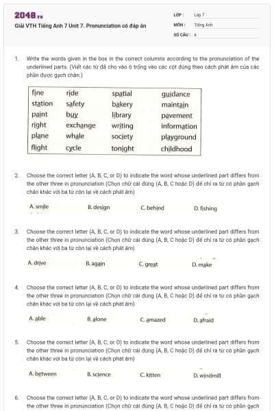 Giải VTH Tiếng Anh 7 Unit 7. Pronunciation có đáp án