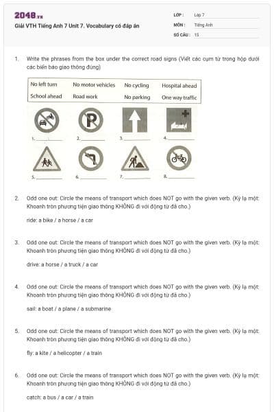 Giải VTH Tiếng Anh 7 Unit 7. Vocabulary có đáp án