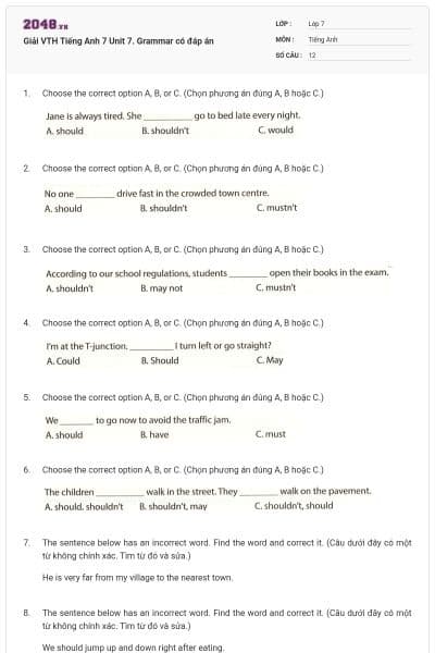 Giải VTH Tiếng Anh 7 Unit 7. Grammar có đáp án