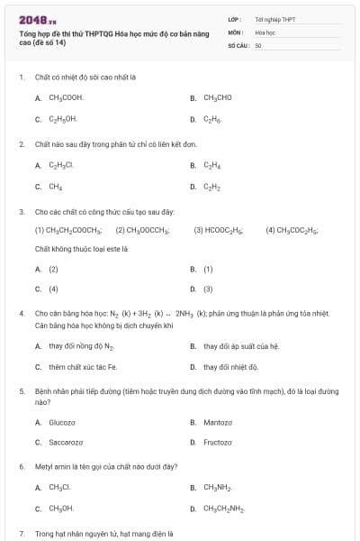 Tổng hợp đề thi thử THPTQG Hóa học mức độ cơ bản nâng cao (đề số 14)