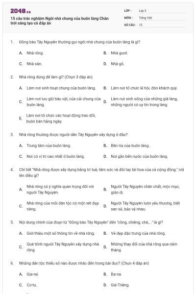 15 câu trắc nghiệm Ngôi nhà chung của buôn làng Chân trời sáng tạo có đáp án