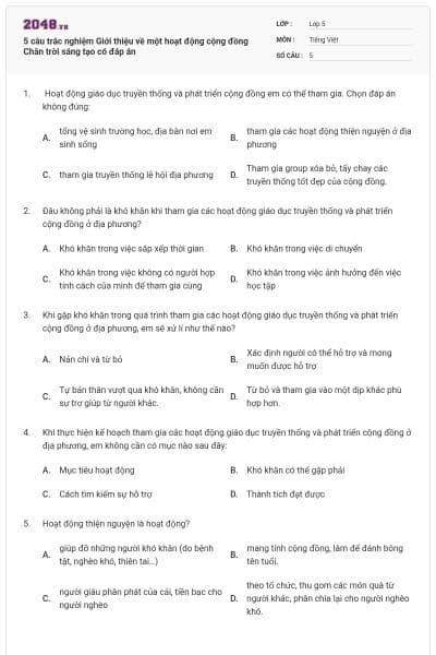 5 câu trắc nghiệm Giới thiệu về một hoạt động cộng đồng Chân trời sáng tạo có đáp án
