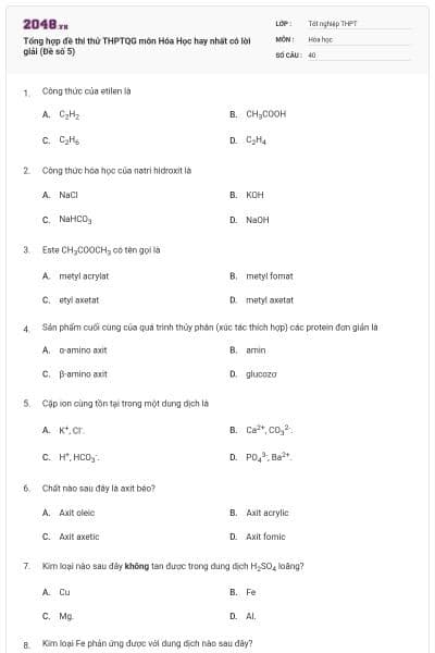 Tổng hợp đề thi thử THPTQG môn Hóa Học hay nhất có lời giải (Đề số 5)