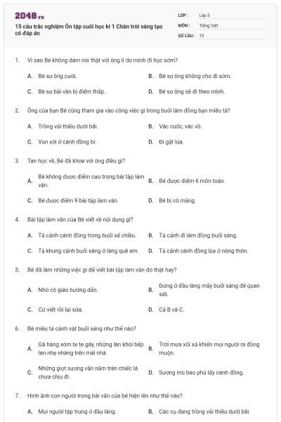 15 câu trắc nghiệm Ôn tập cuối học kì 1 Chân trời sáng tạo có đáp án