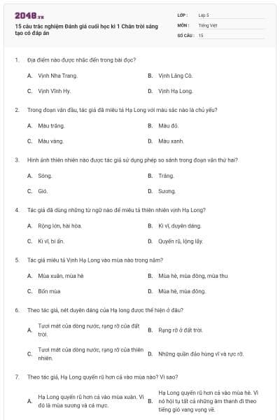 15 câu trắc nghiệm Đánh giá cuối học kì 1 Chân trời sáng tạo có đáp án