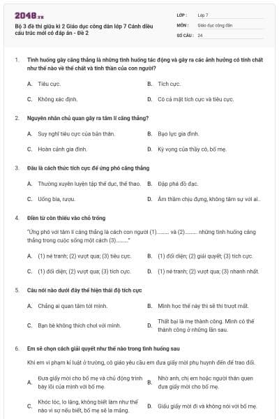 Bộ 3 đề thi giữa kì 2 Giáo dục công dân lớp 7 Cánh diều cấu trúc mới có đáp án - Đề 2