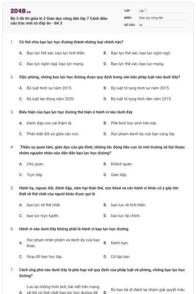 Bộ 3 đề thi giữa kì 2 Giáo dục công dân lớp 7 Cánh diều cấu trúc mới có đáp án - Đề 3
